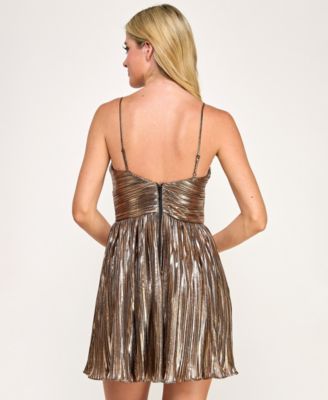Juniors' Foil Pleated Mini Dress