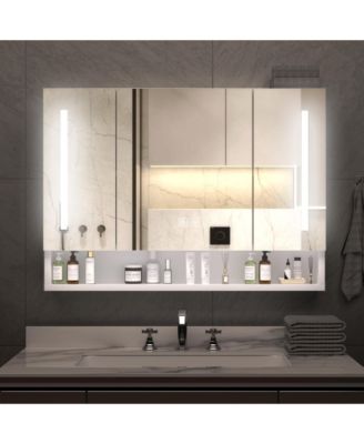 39×28 Inch Aluminum Bathroom Mirror Cabinet with LED Lights and Storage Compartments