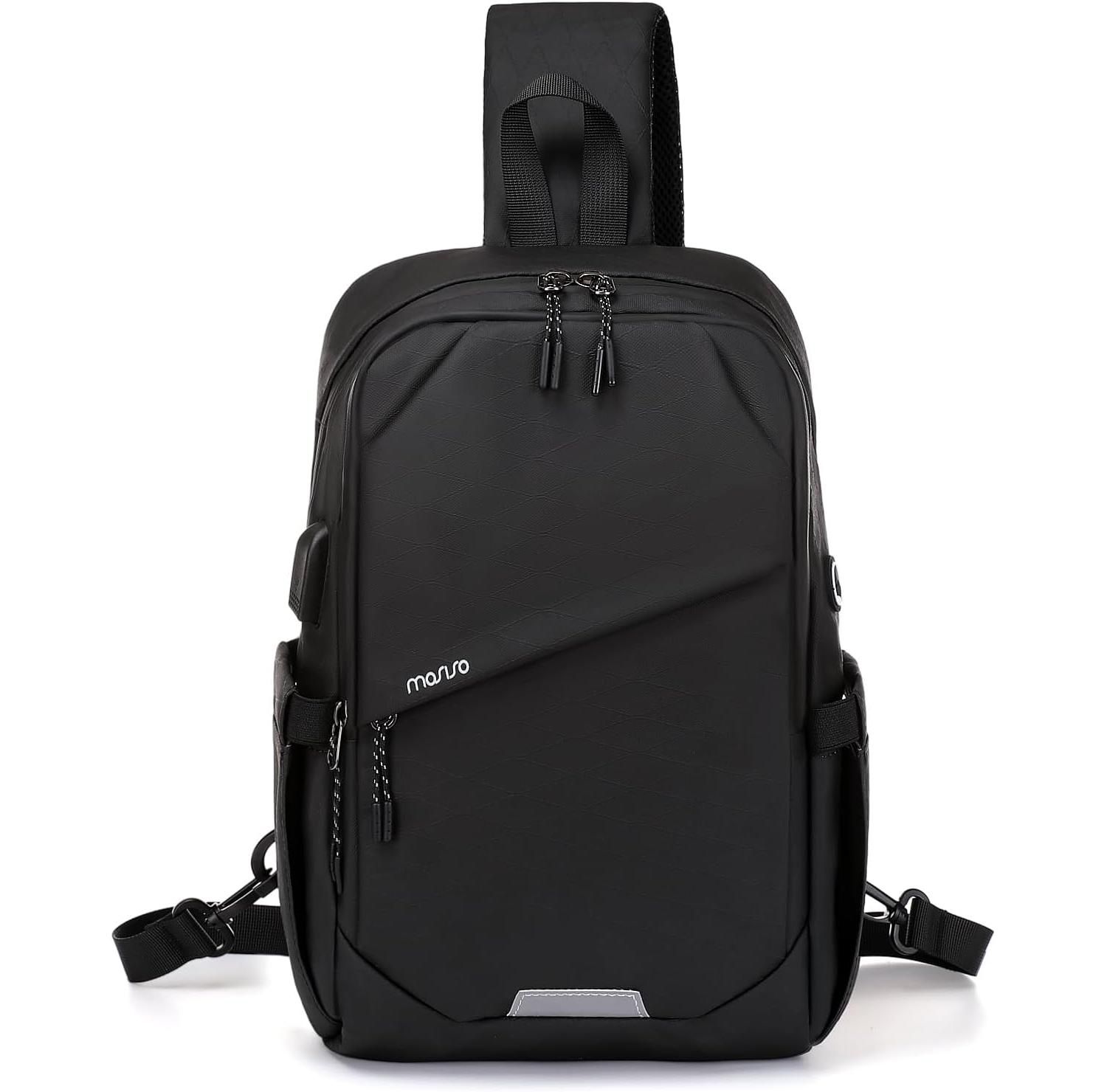 Black Sling Backpack with USB Charging Port - Large Anti-Theft Hiking Daypack for Travel | 3-Layer Pocket Crossbody Chest Bag for Outdoor Sports