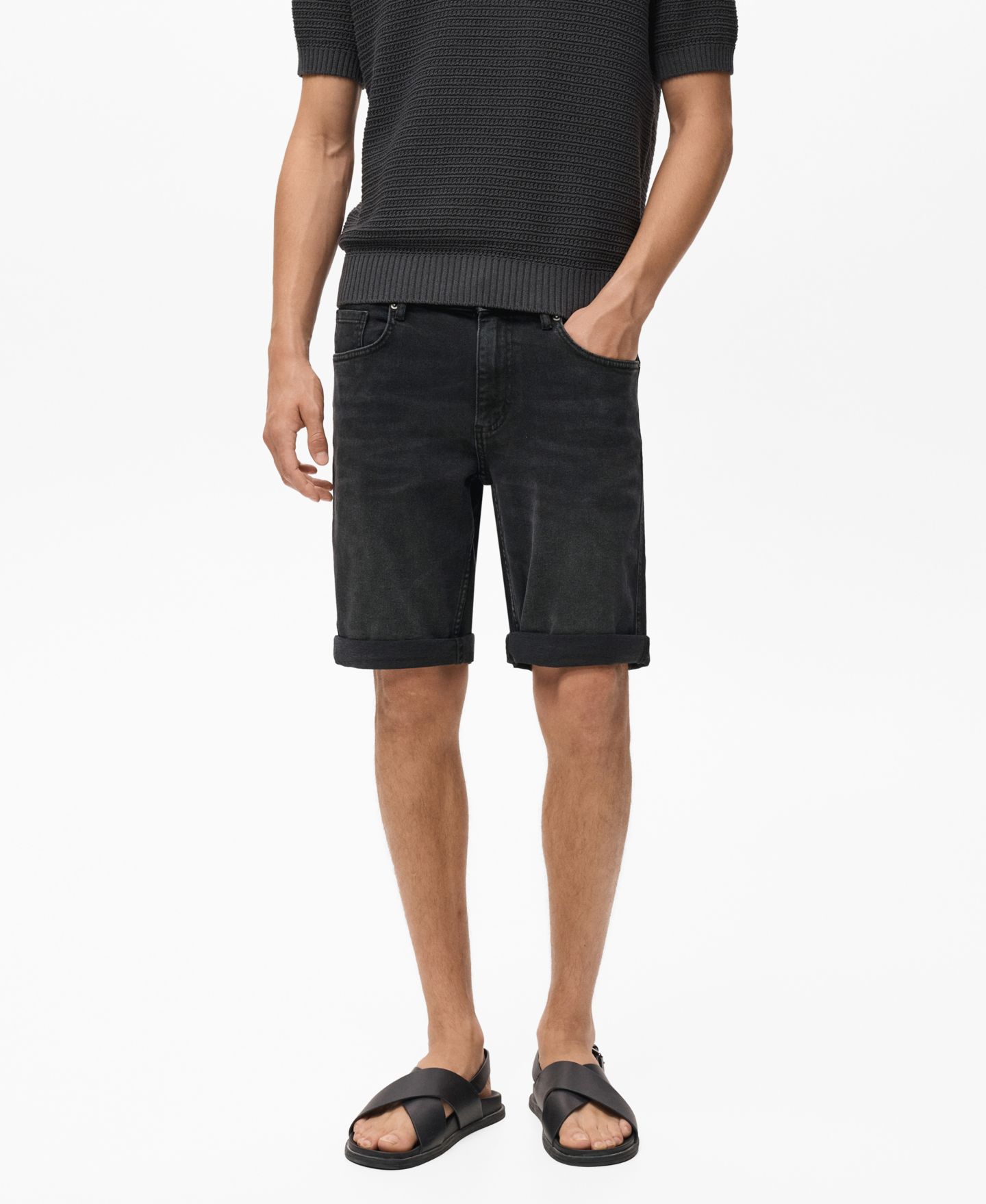 Мужские шорты MANGO Slim-Fit Denim Bermuda, цвет: Чёрный джинсовый — фото 1
