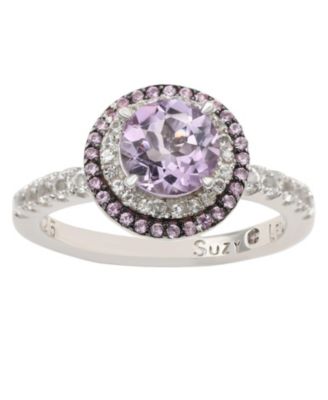 Suzy Levian Sterling Round Cut Topaz and Sapphire Double Halo Ring