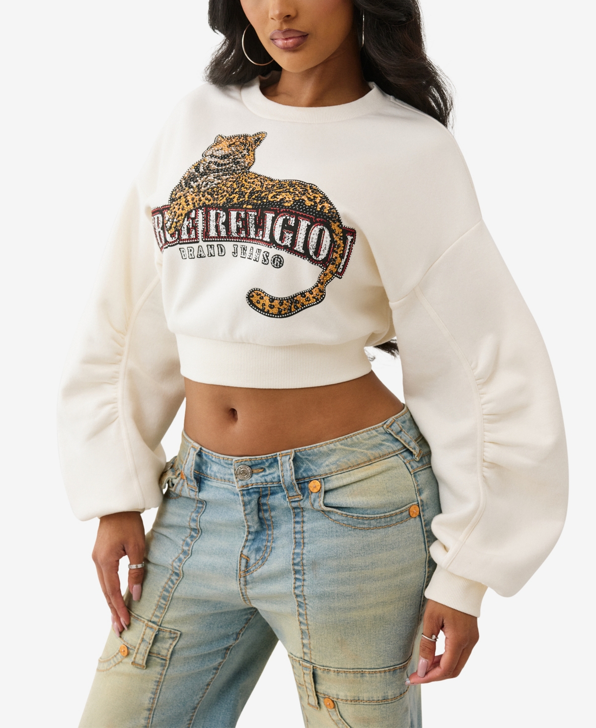 True Religion Ruched Sleeve Rhinestone Cotton Blend Sweatshirt In White