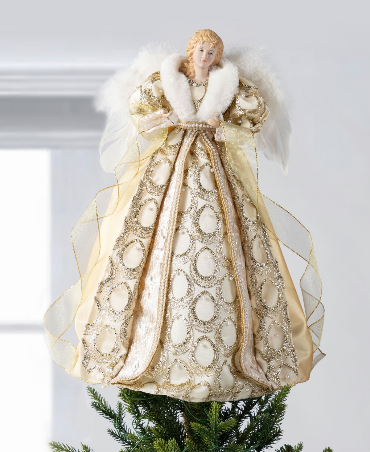 Glitzhome 18.5" Faux Fur Christmas Angel Tree Topper With Porcelain Face In Multi