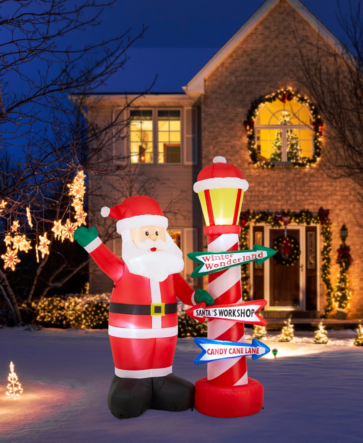 Glitzhome 7" Lighted Inflatable Santa With Lamp Post Sign Decor In Multi