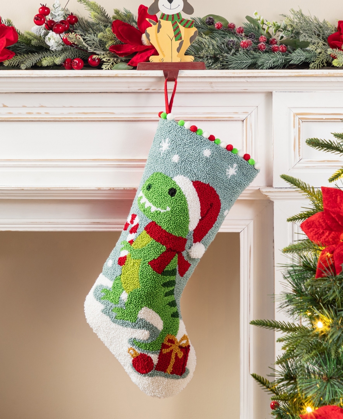 Glitzhome 21" Hooked Dinosaur Christmas Stocking In Multi