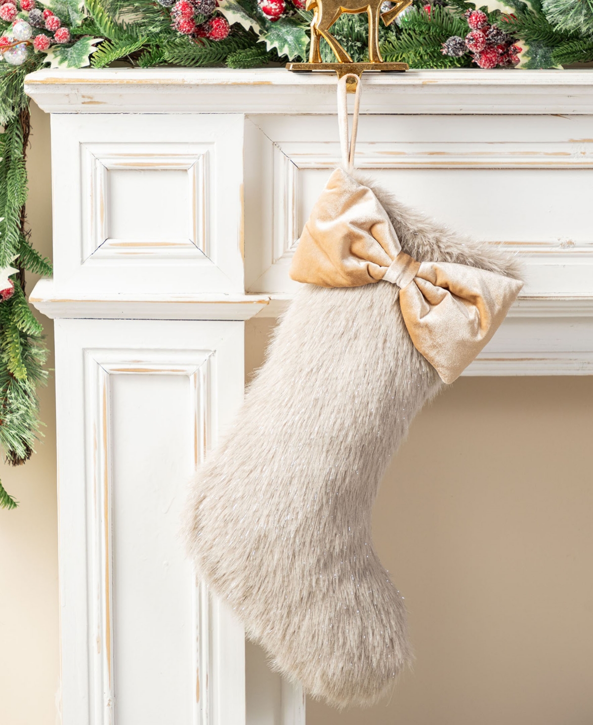 Glitzhome 21" Faux Fox Fur Christmas Stocking with Bow