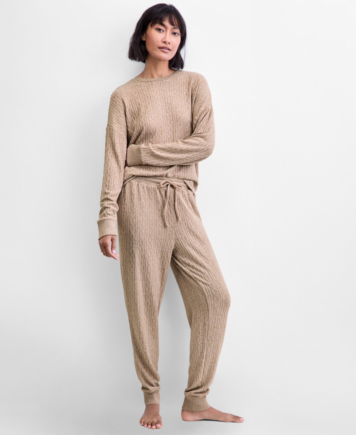 State Of Day Women's Cable Jogger Pajama Set, Xs-3x, Macy's Exclusive In Neutral