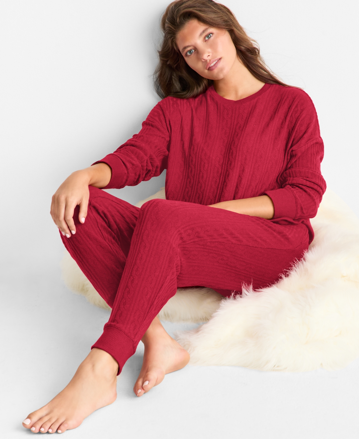 State Of Day Women's Cable Jogger Pajama Set, Xs-3x, Macy's Exclusive In Red
