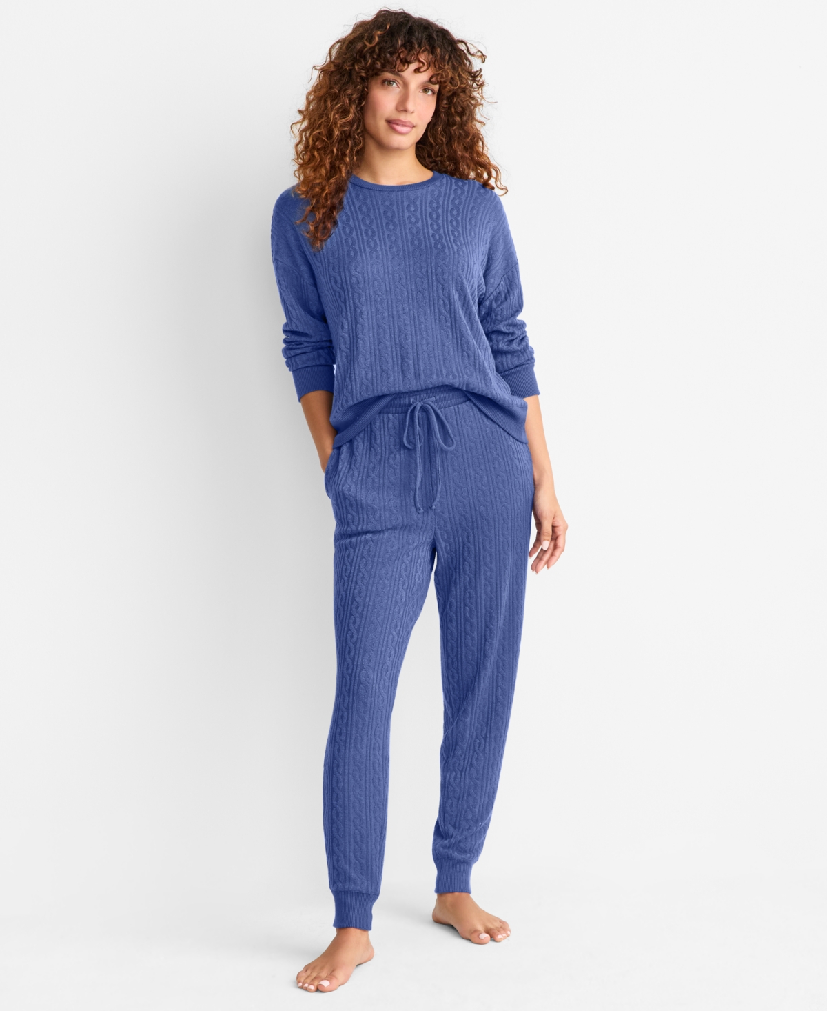 State Of Day Women's Cable Jogger Pajama Set, Xs-3x, Macy's Exclusive In Blue