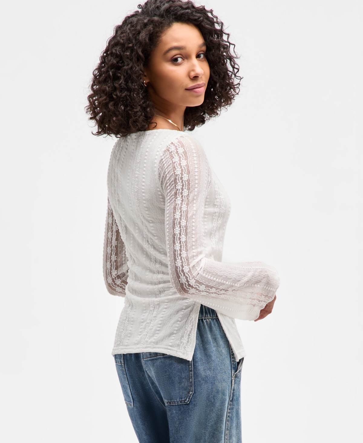 Ultra Flirt Juniors' Lace Boat-neck Long-sleeve Top In White