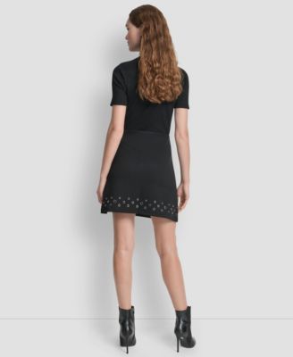 Dkny Womens Short Sleeve Ponte Knit Top Mini Skirt With Grommets In Black