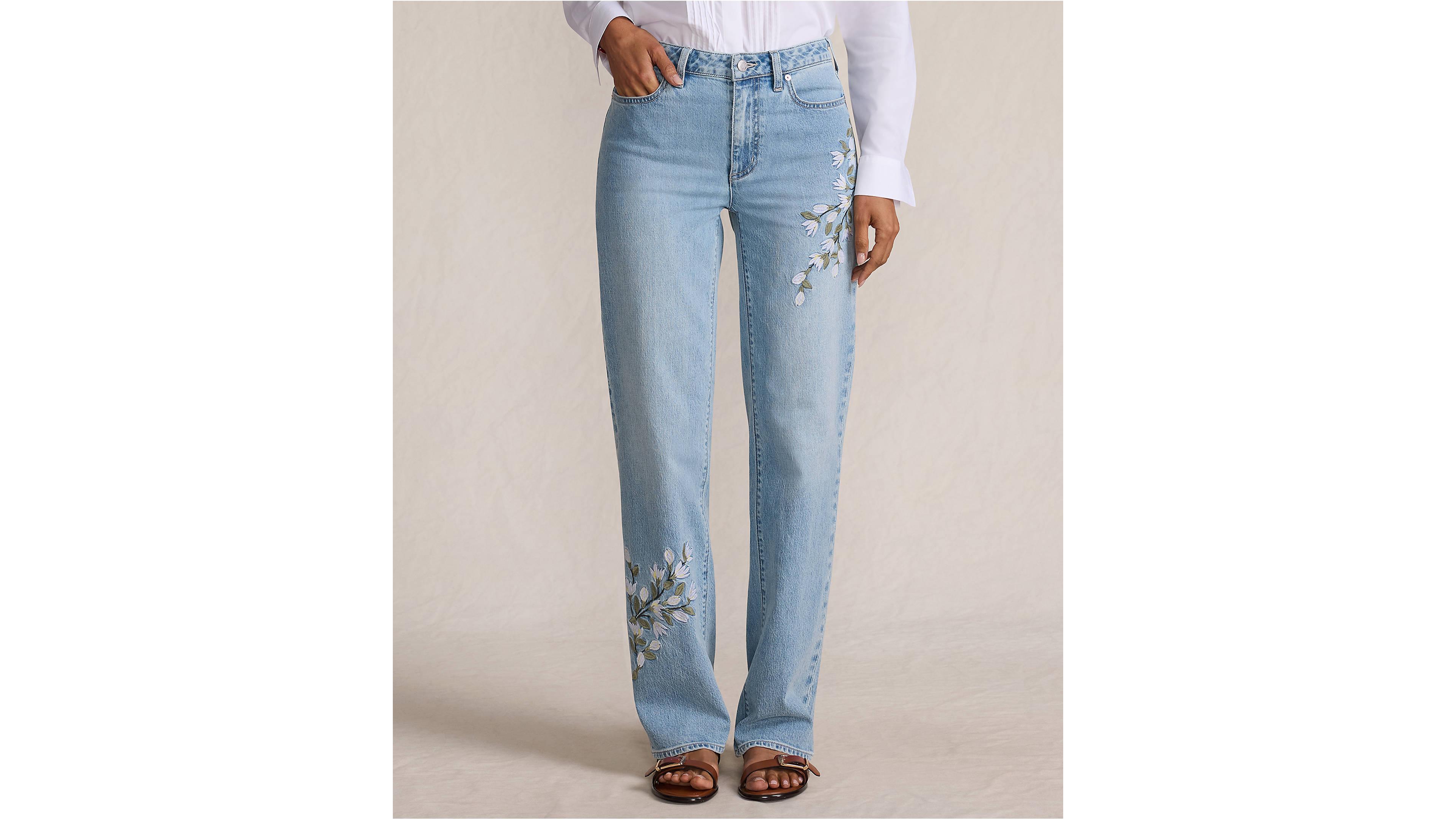 Lands' End Women's Soft Denim Mid Rise Relaxed Straight Leg Embroidered Jeans