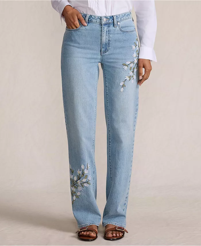 Women's Soft Denim Mid Rise Relaxed Straight Leg Embroidered Jeans