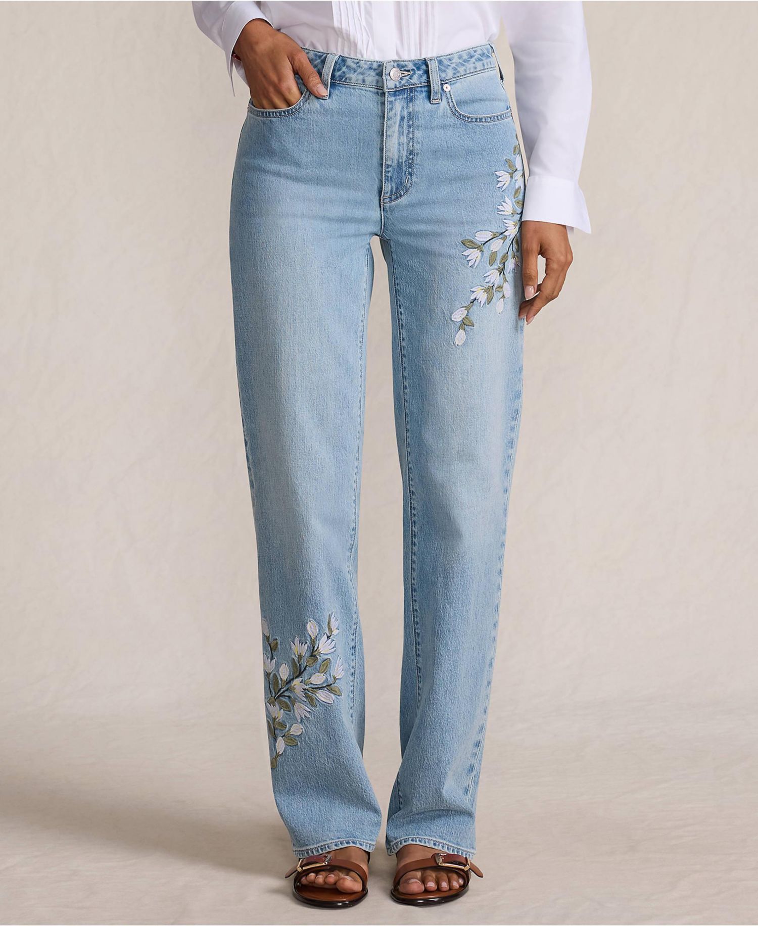 Women's Soft Denim Mid Rise Relaxed Straight Leg Embroidered Jeans