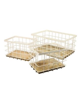 Evvie Vintage Farmhouse Handmade Wire Metal Nesting Storage Baskets with Wood Base, (Set of 3)