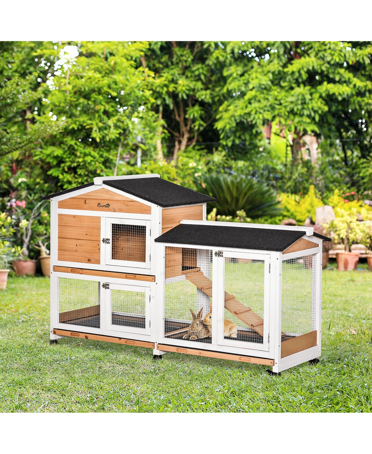 PawHut 62" Wooden Rabbit Hutch with Wheels, Run Box, No Leak Tray, and Ramp