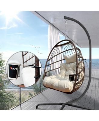 350lb Capacity Wicker Egg Hanging Chair with Stand Removable Guardrail and Cup Holder