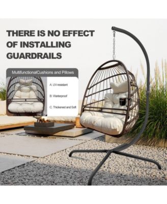 350lb Capacity Wicker Egg Hanging Chair with Stand Removable Guardrail and Cup Holder