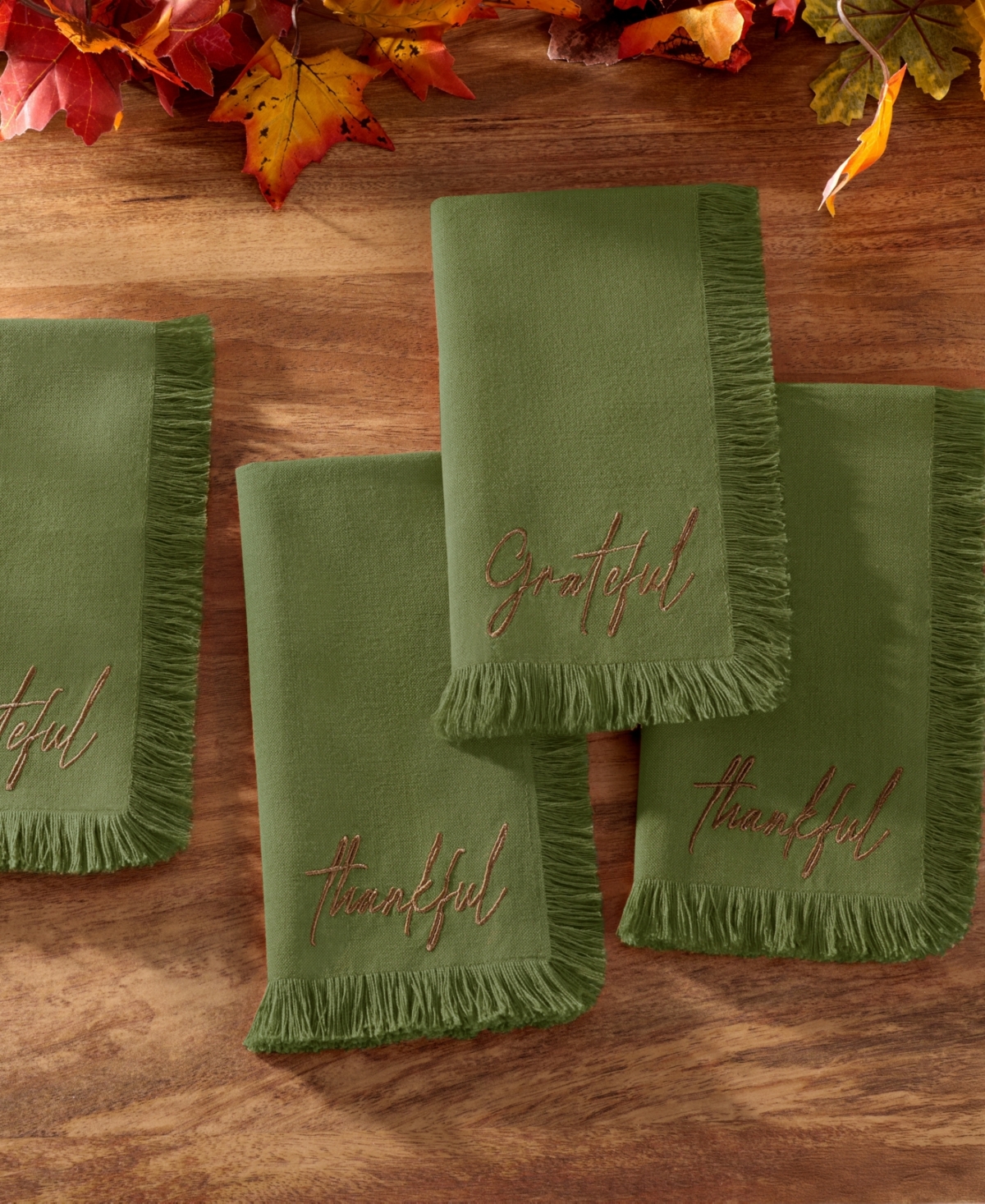 Elrene Fringed Harvest Sentiment Cotton Napkins, Set Of 4 In Green