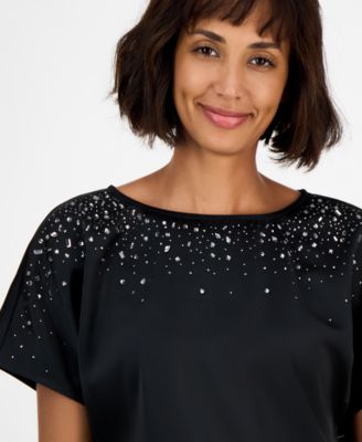 Petite Embellished-Boat-Neck Short-Sleeve Blouse 