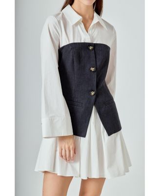 Women's Mixed Media Tweed Poplin Mini Dress