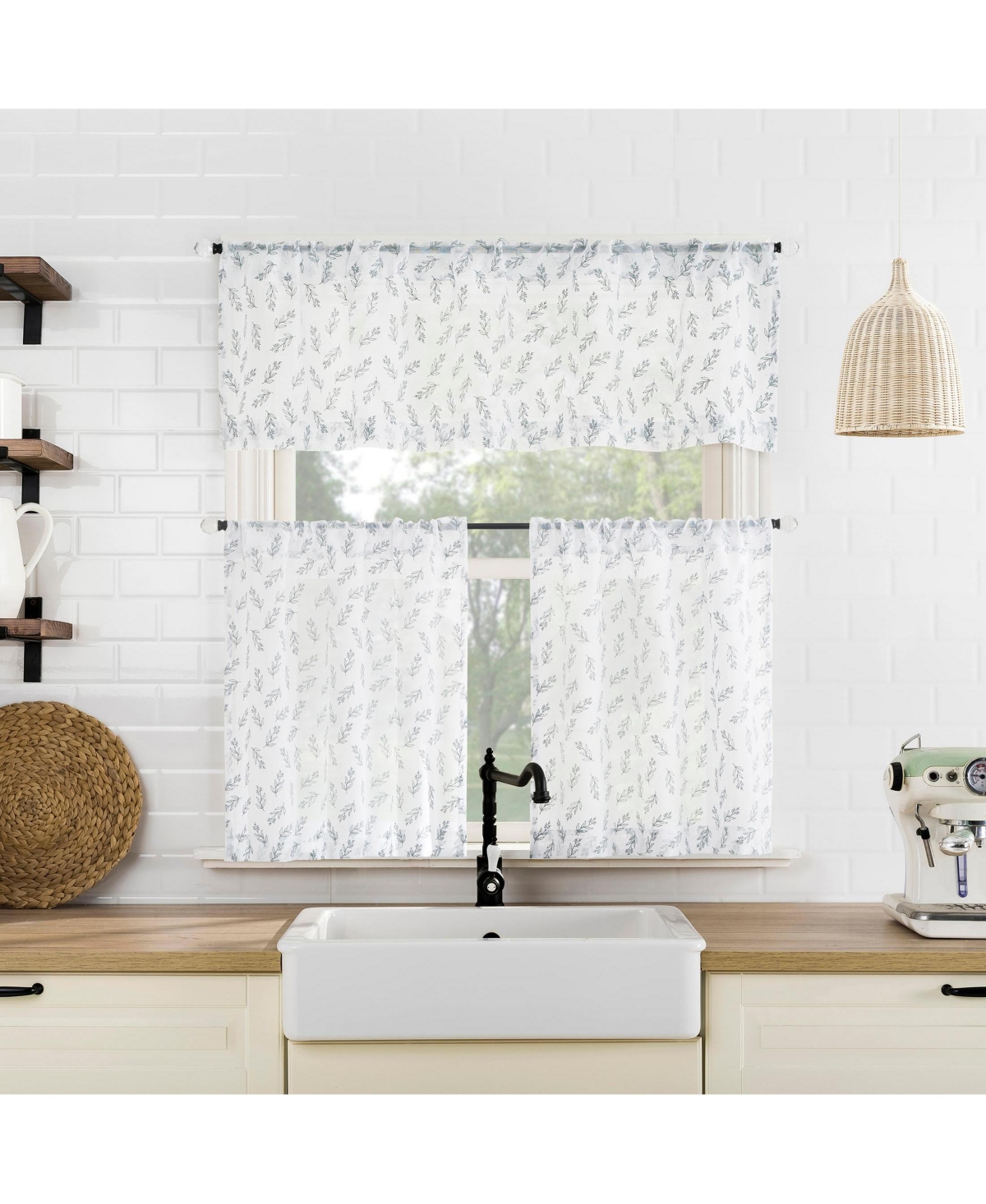 No. 918 Hollis Floral Leaf Sheer Rod Pocket Kitchen Curtain Valance