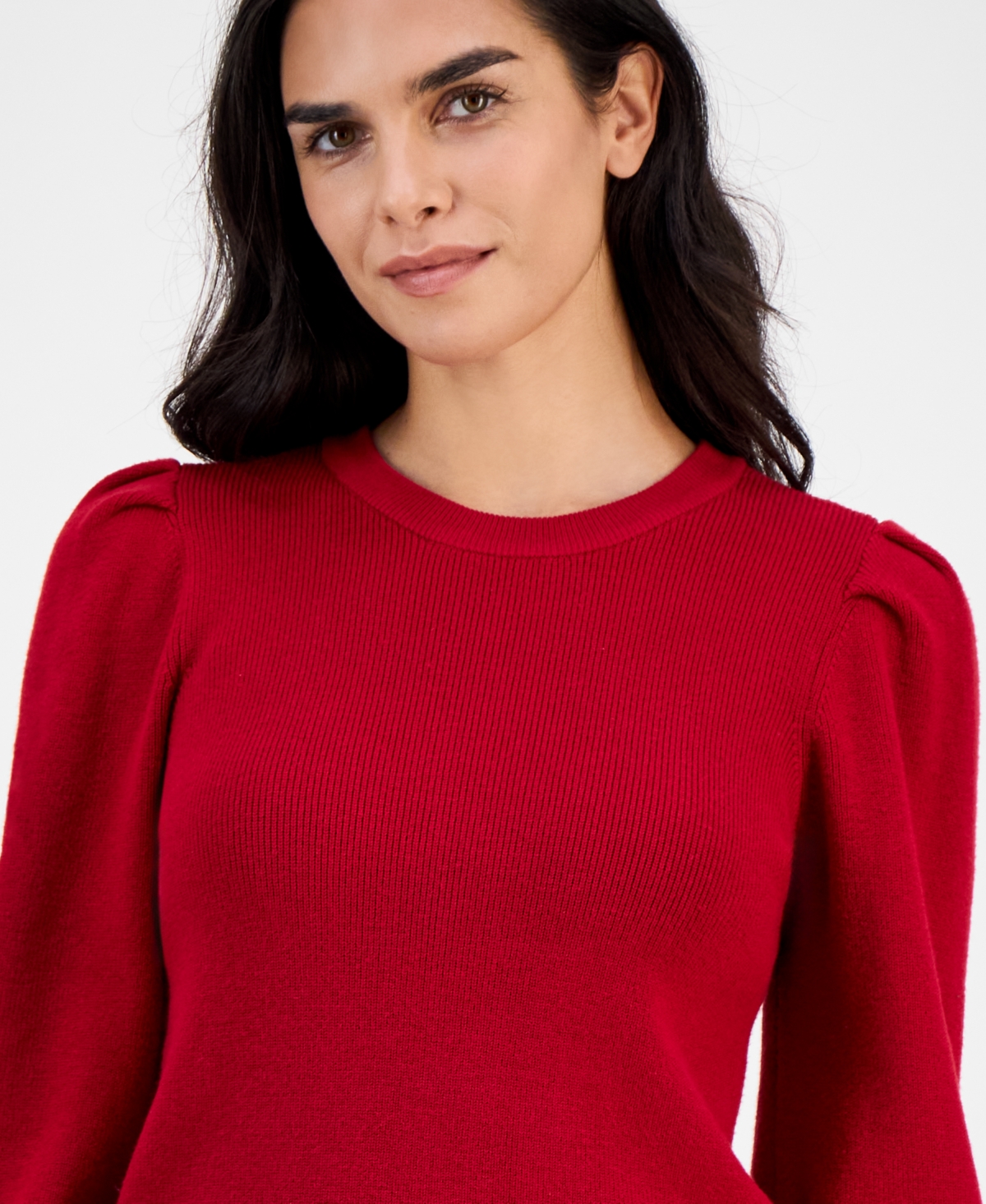 Ak Anne Klein Petite Crewneck Long-puff-sleeve Sweater In Red