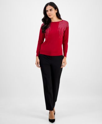 Petite Embellished Boat-Neck Long-Sleeve Top 