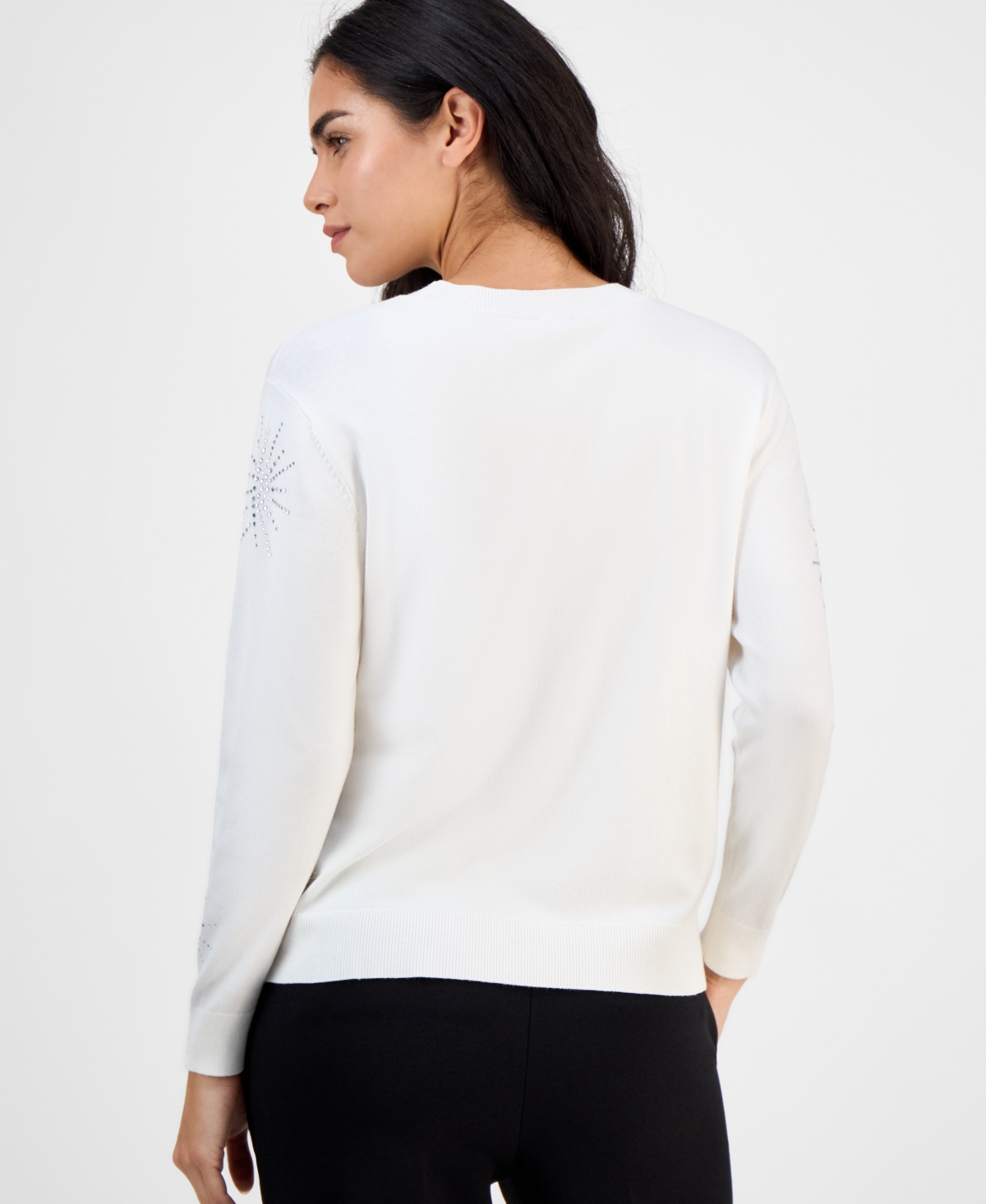 Ak Anne Klein Embellished Crewneck Long-sleeve Sweater In White