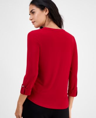 Petite Embellished-Neck Roll-Tab-Sleeve Top