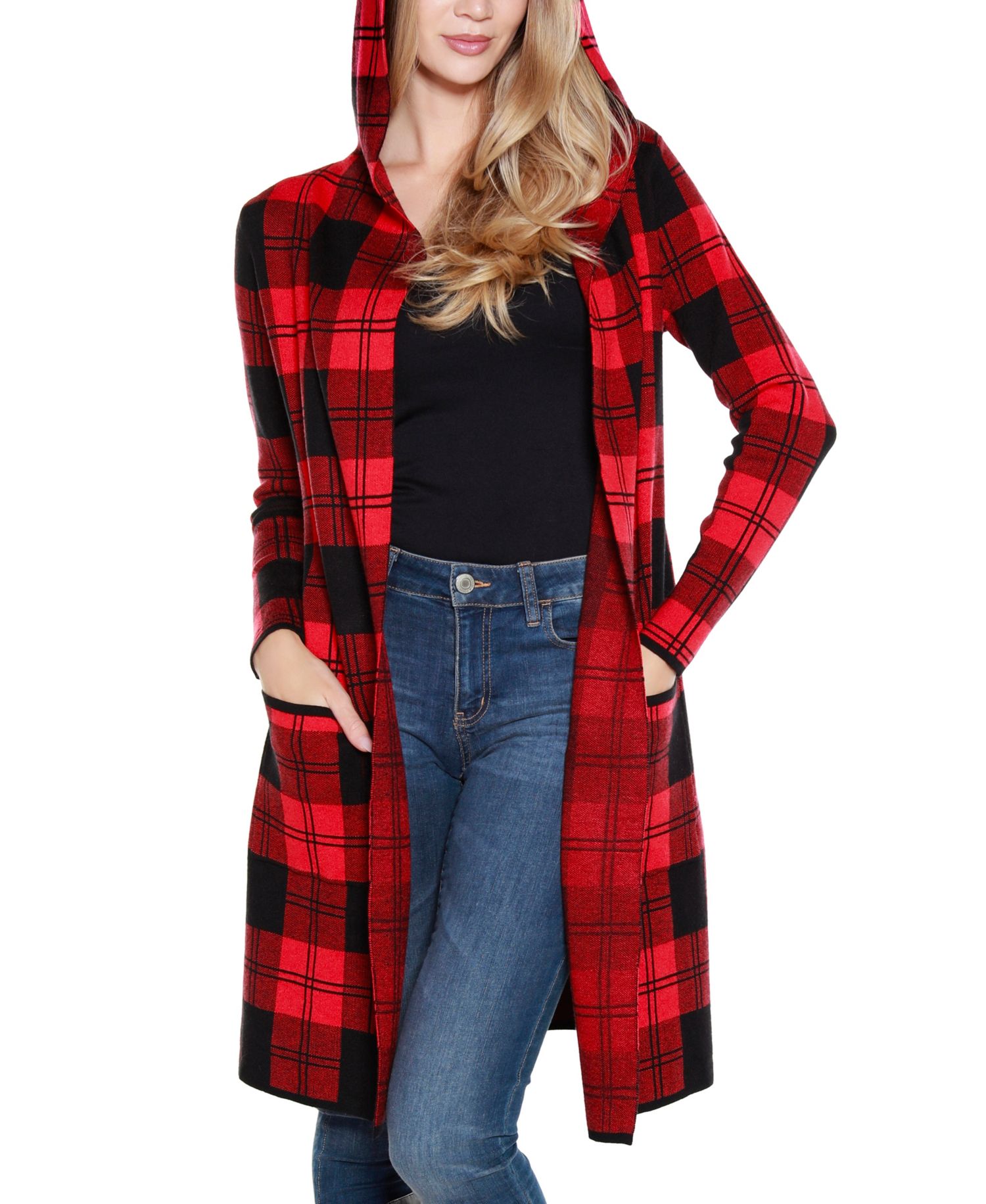 Women's Hooded Checkered Plaid Coatigan Sweater