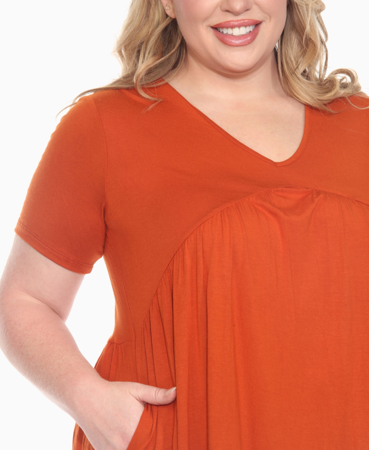 White Mark Plus Size Short Sleeve Shirred Front Knit Top In Orange