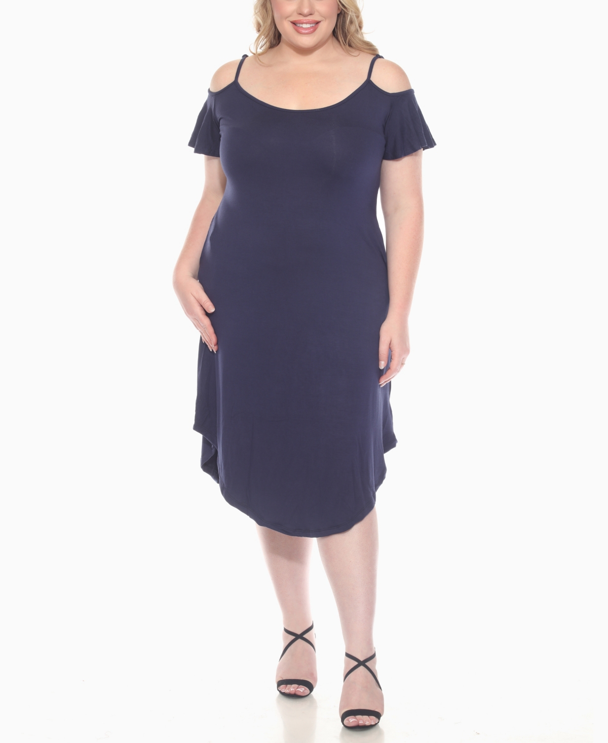 White Mark Plus Size Casual Scoop Neck Flutter Sleeve Knee Length Dress In Blue