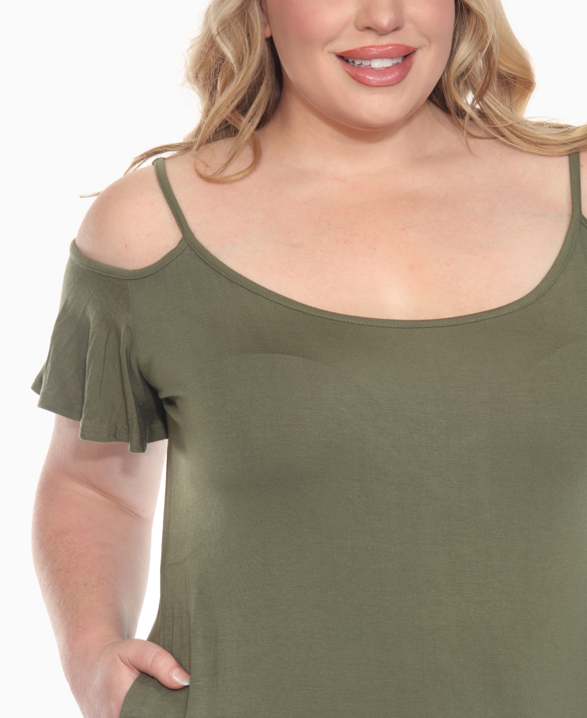 White Mark Plus Size Casual Scoop Neck Flutter Sleeve Knee Length Dress In Green