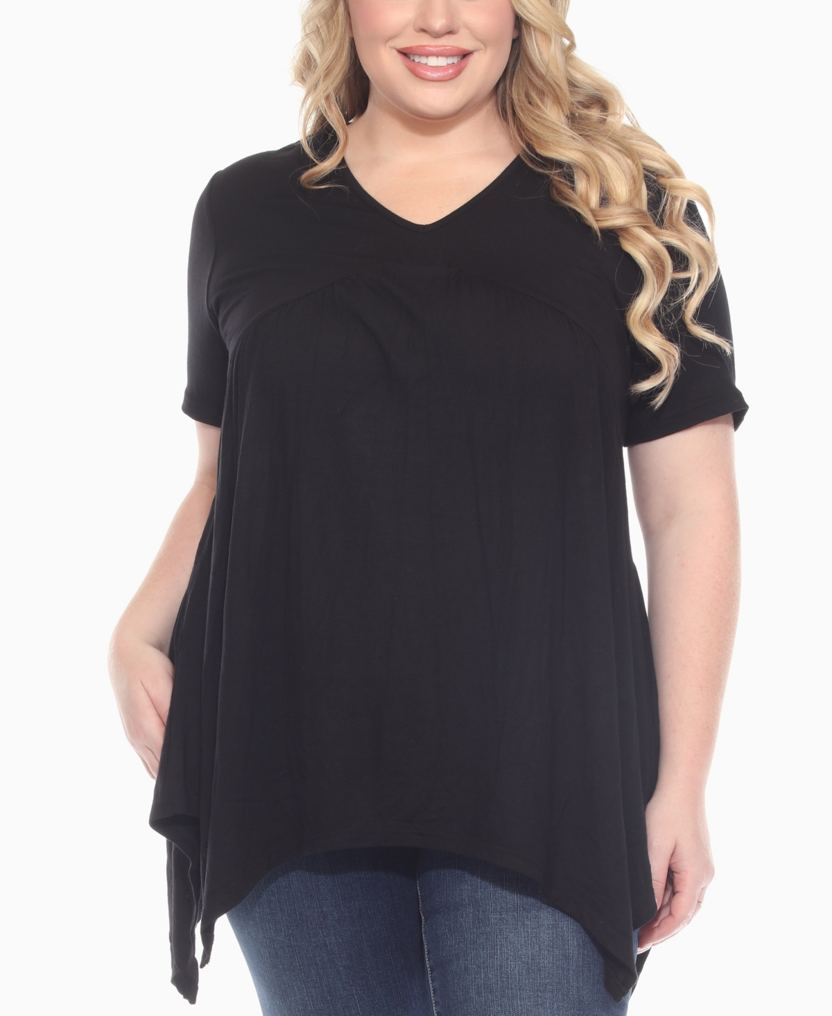 White Mark Plus Size Short Sleeve Shirred Front Knit Top In Black