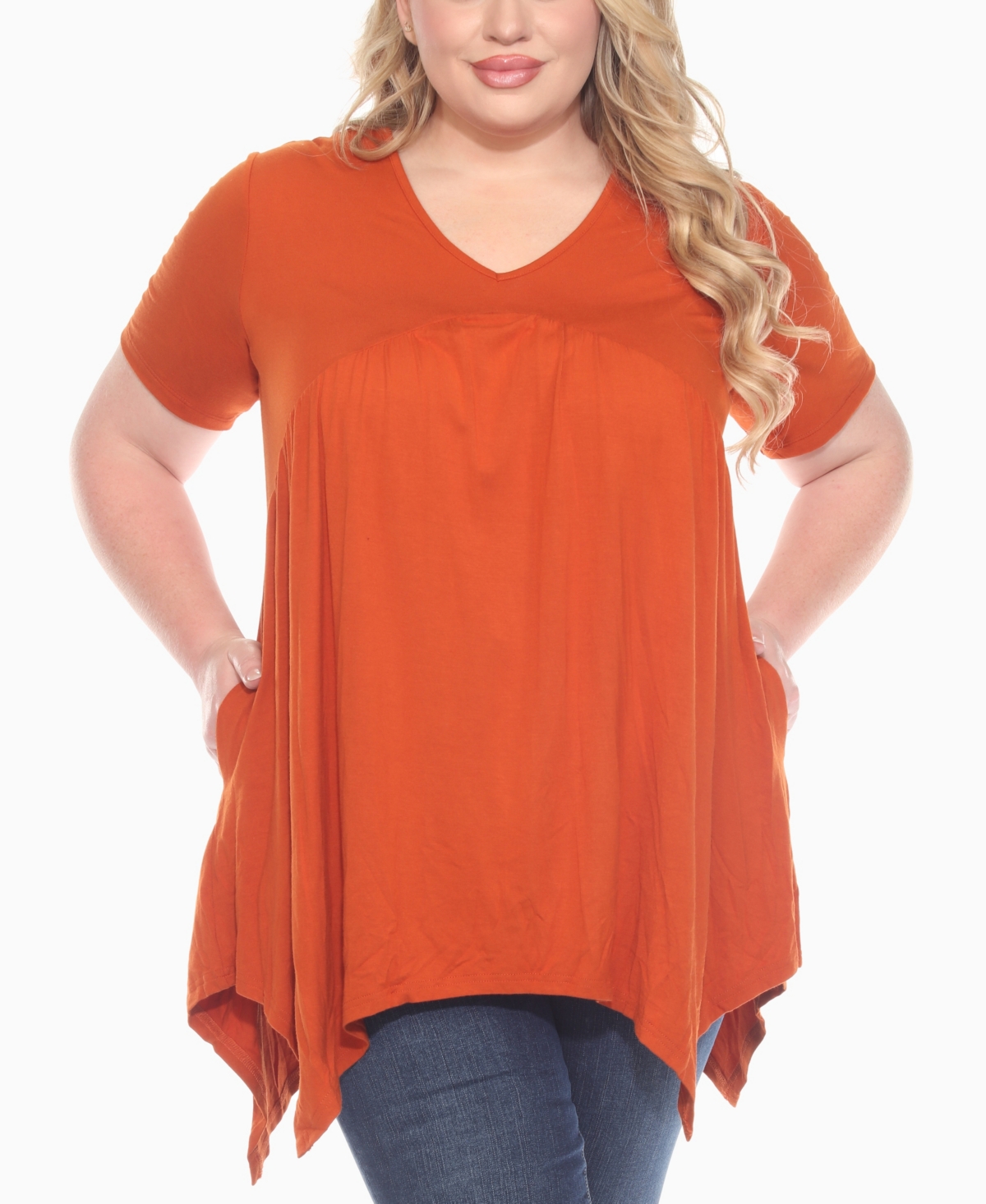 White Mark Plus Size Short Sleeve Shirred Front Knit Top In Orange