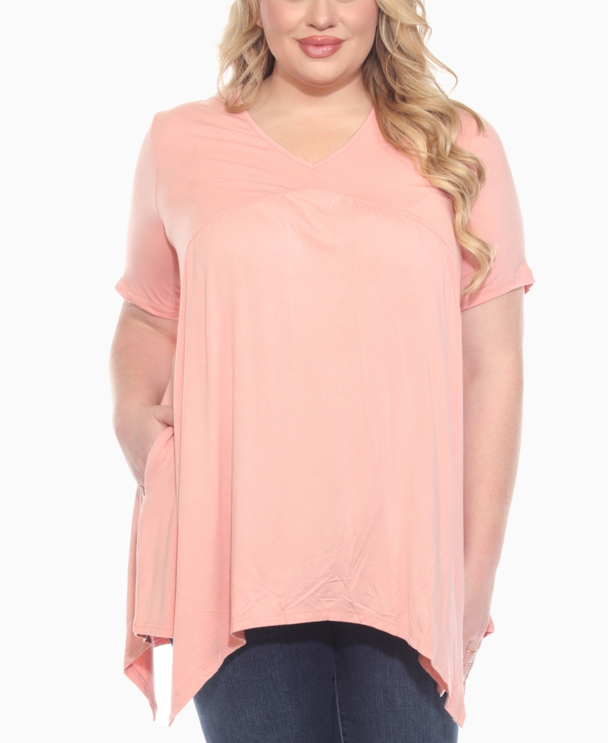 White Mark Plus Size Short Sleeve Shirred Front Knit Top In Pink