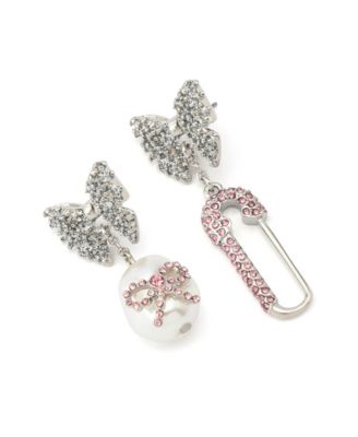 Faux Stone Bow Pearl Safety Pin Mismatch Earrings