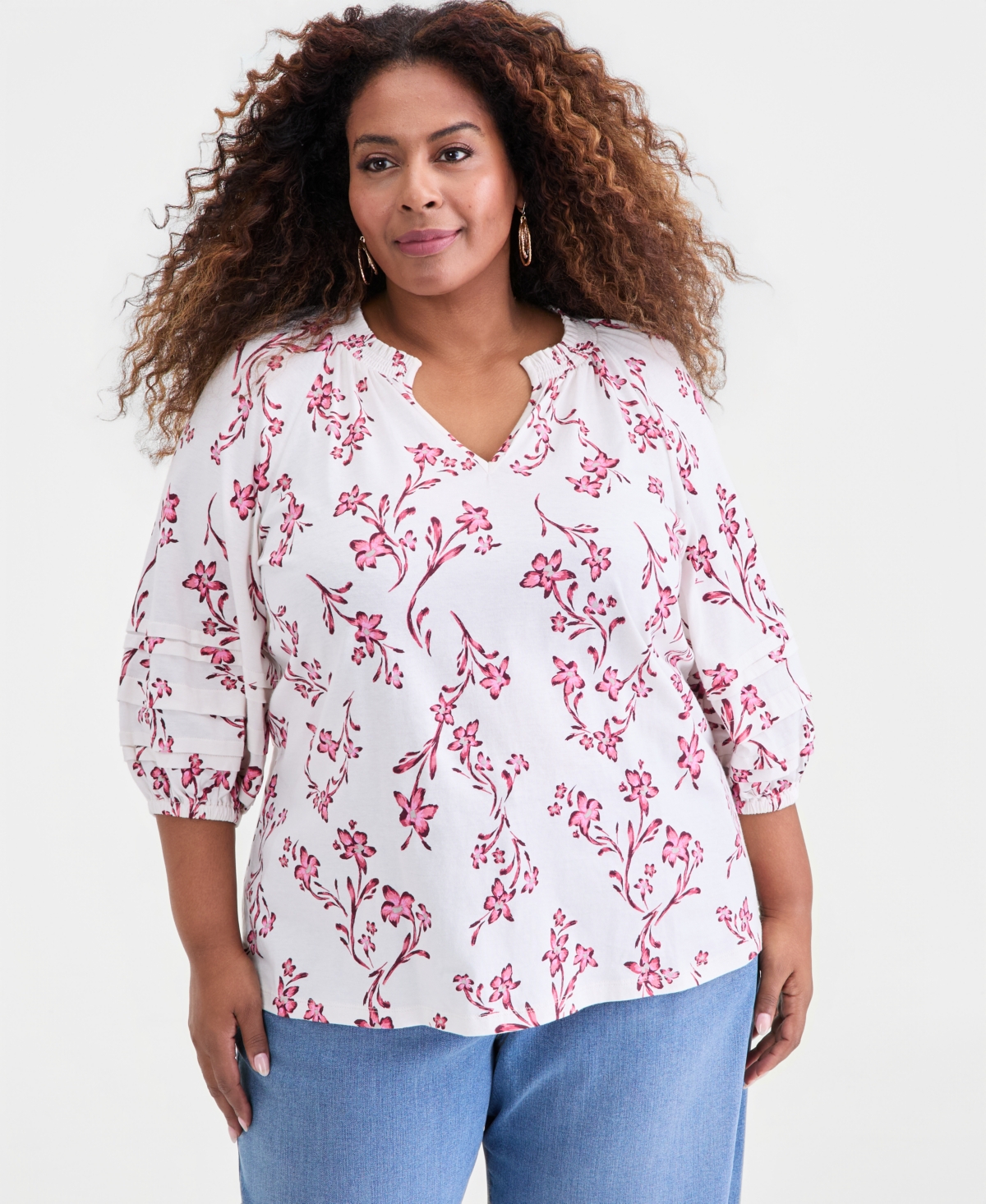 Style & Co Plus Split-Neck 3/4-Sleeve Top