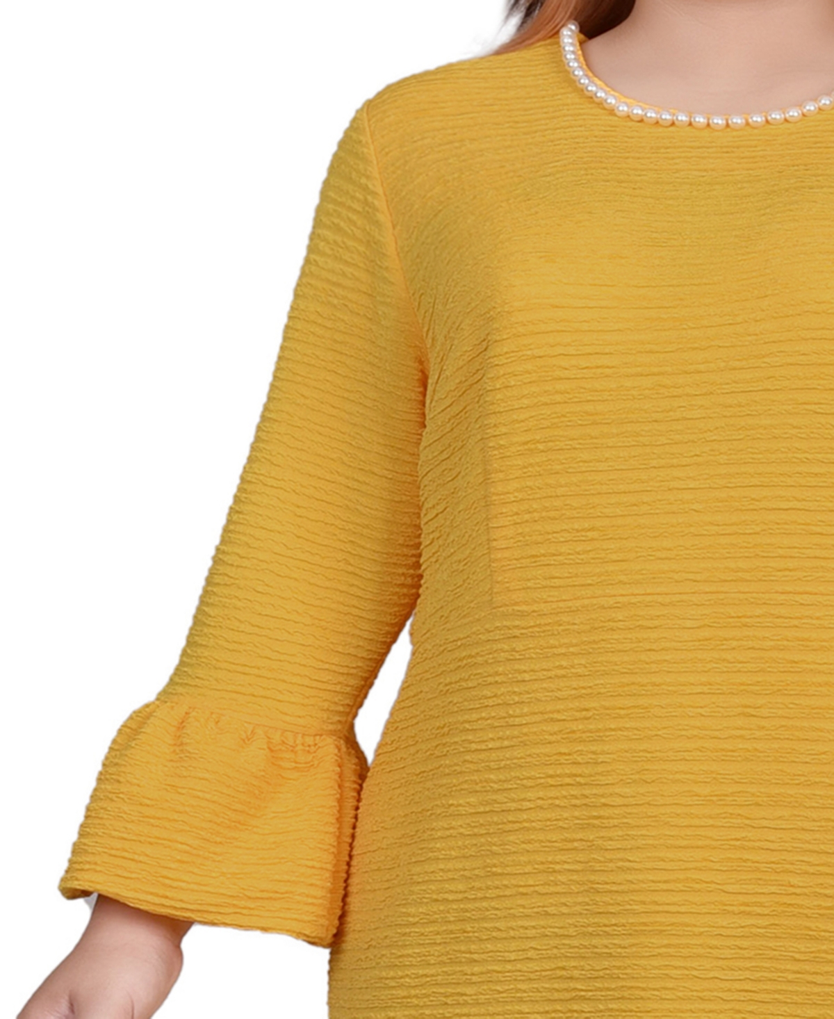 Ny Collection Plus Size 3/4 Length Imitation-pearl Detail Dress In Yellow