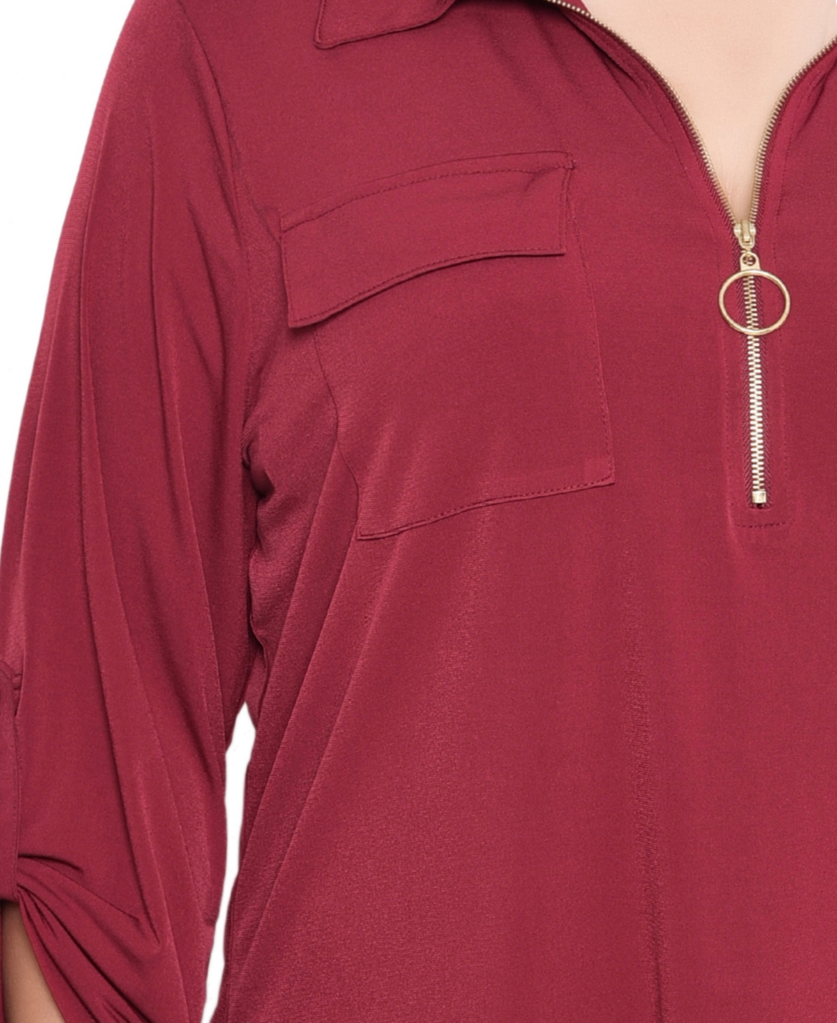 Ny Collection Plus Size 3/4 Roll Tab Zip Front Top In Brown