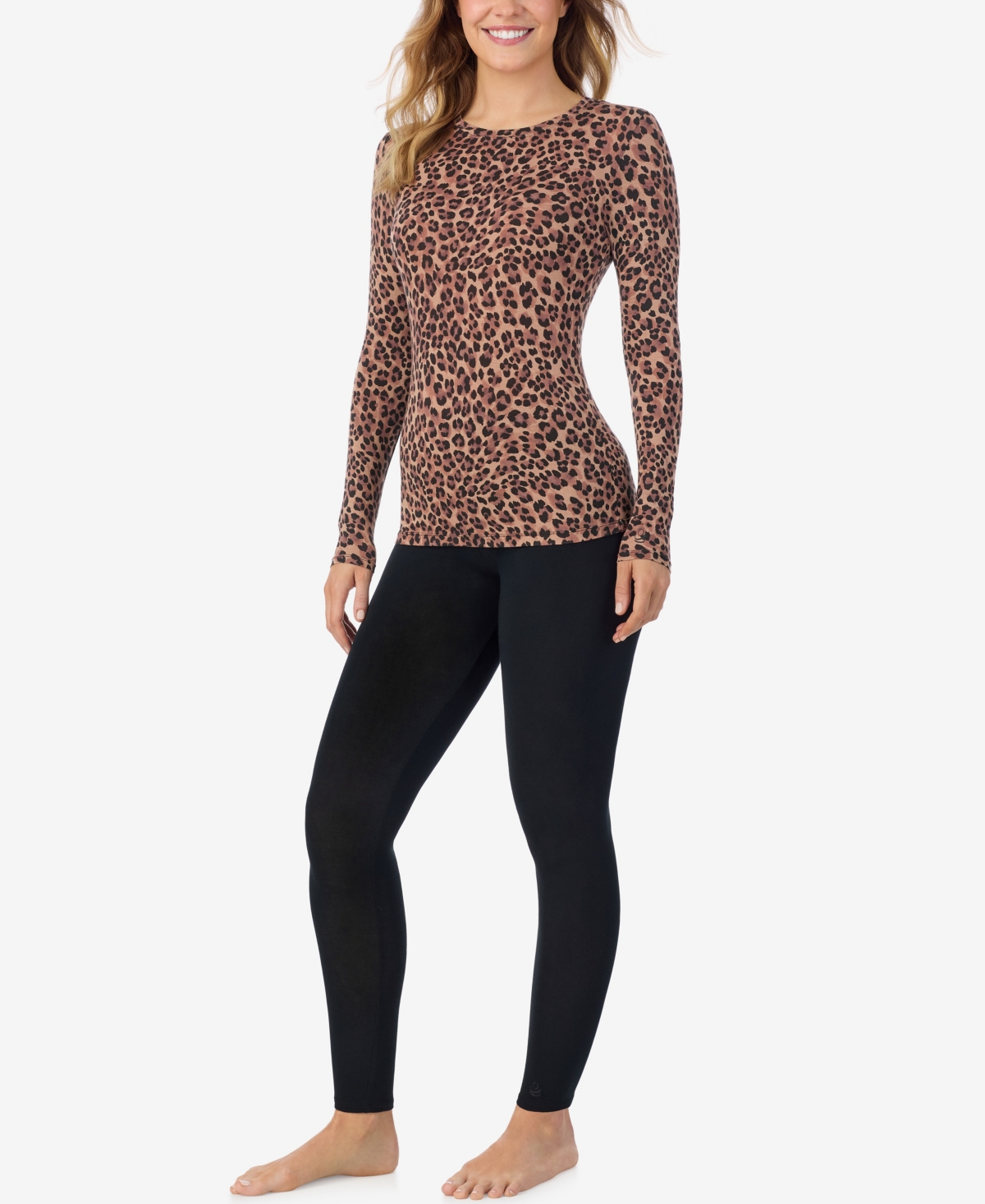 Cuddl Duds Petite Long Sleeve Crewneck Top In Brown