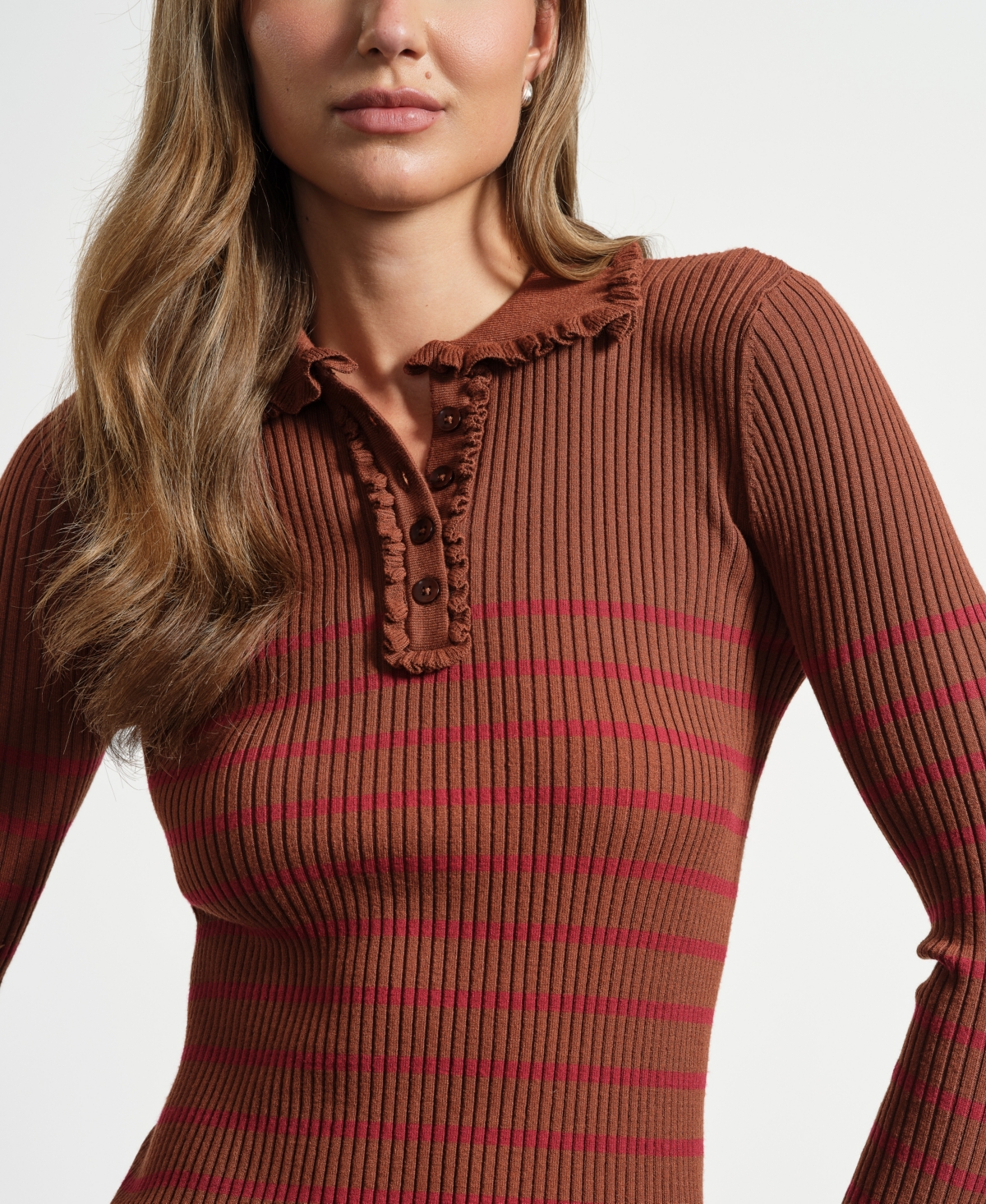 Isaac Mizrahi Women's Ruffle Neck Henley Sweater In Brown
