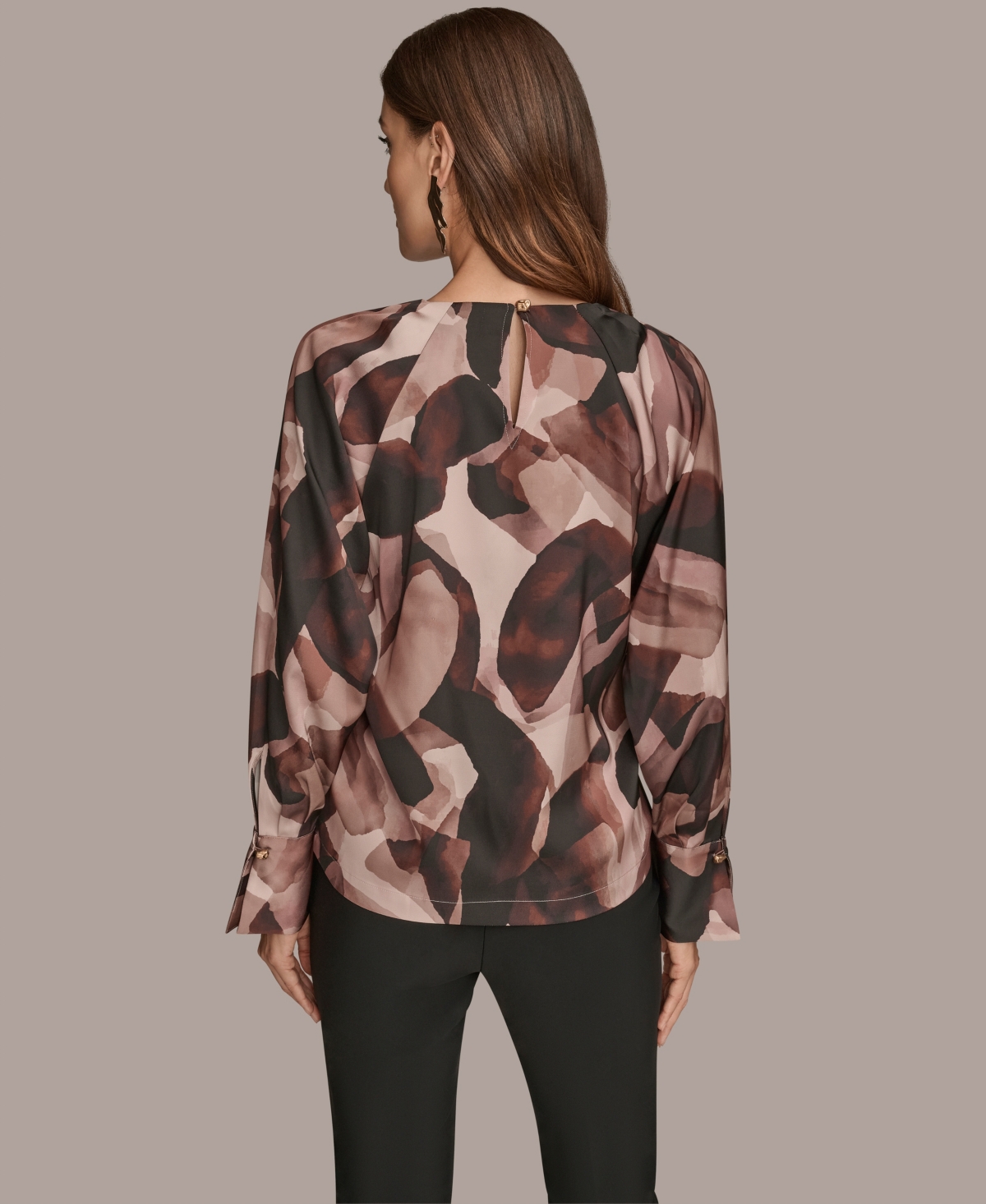 Donna Karan New York Abstract Print Chain Detail Long Sleeve Top In Brown