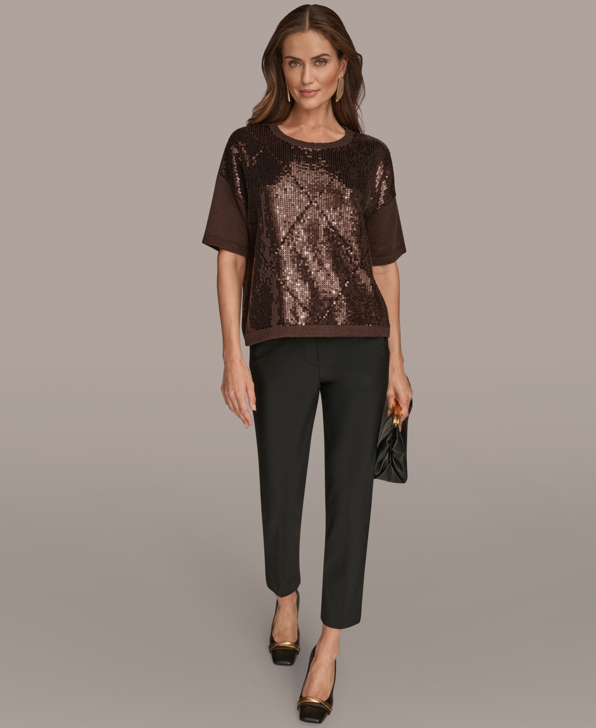 Donna Karan New York Short Sleeve Sequin Sweater In Brown