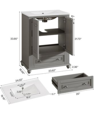 24" Bathroom Vanity with Ceramic Sink Combo, Freestanding Storage Cabinet with 2 Doors & 1 Drawer, Solid Wood Frame, Grey