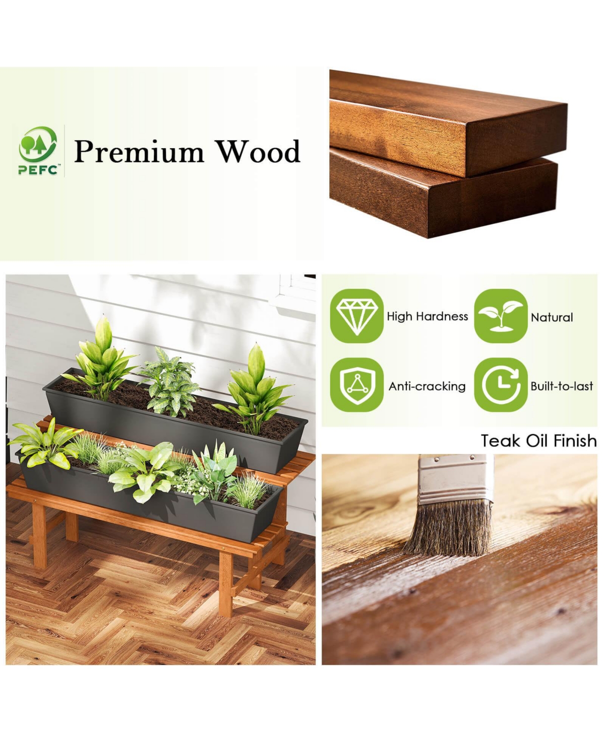 Costway 2 Tier Wood Plant Stand with Teak Oil Finish Indoor & Outdoor Flower Pot Holder