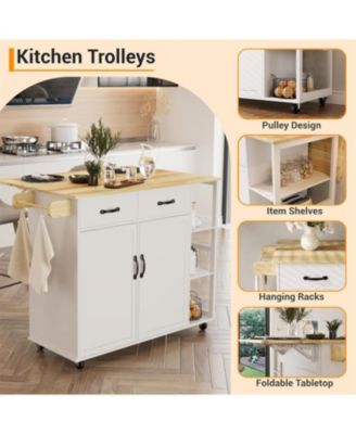 43.12" Rubberwood, Engineered Wood Drop Leaf, Drawers, Adjustable Shelves, Lockable Wheels Kitchen Island Island & Cart