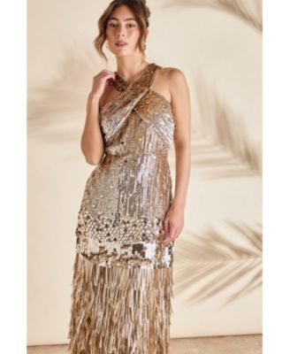 Women's Gold Sequin Tassel Halter Neck Dress