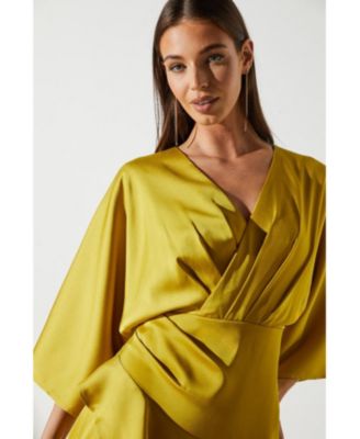 Women's Satin Crepe Ruffle Wrap Midi Dress